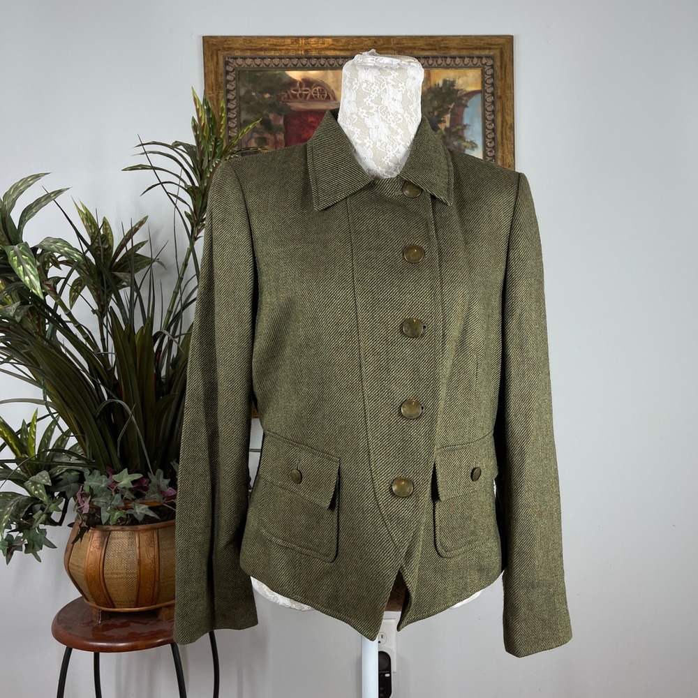 Kasper Jacket Women 12 Green Wool Blend Herringbone Tweed Blazer Military Style